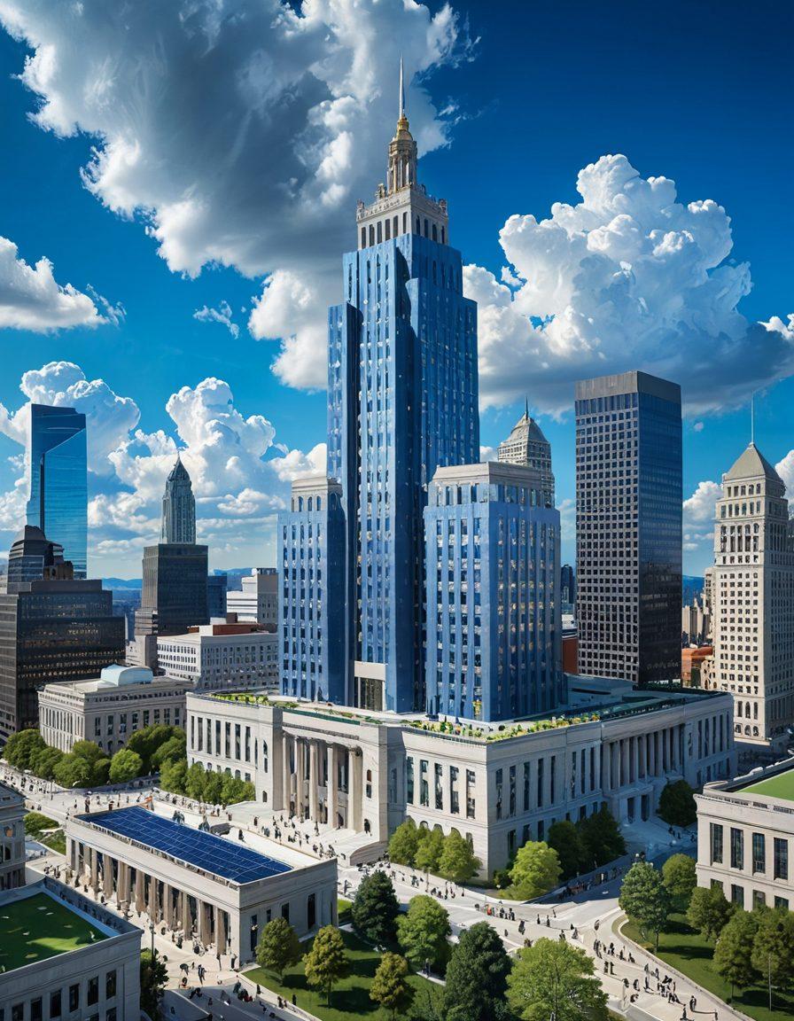 A modern cityscape with a prominent government building in the center, surrounded by diverse people of various professions discussing and exchanging ideas. Incorporate visual elements like legislative documents and policy charts floating in the air, symbolizing lawmaking. The sky is bright and optimistic, representing hope and reform. super-realistic. vibrant colors. dynamic composition.