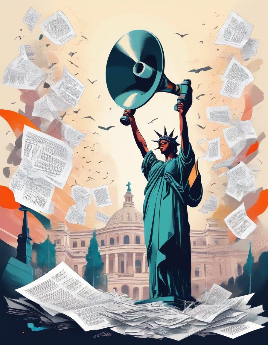 A detailed illustration of a person surrounded by bills and legislative documents, depicting a journey from bill tracking to advocacy. Include a winding path leading to a government building, symbolizing navigating the legislative process. Use contrasting colors to separate obstacles from achievements, showcasing determination and empowerment. Incorporate icons such as scales of justice and a megaphone to represent advocacy. vibrant colors. vector art.