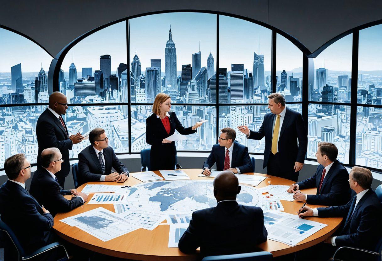 A detailed illustration of a diverse group of government officials and lobbyists engaged in a lively discussion around a large round table, with blueprints and legal documents spread out. The backdrop features a city skyline and a government building, symbolizing policy-making. Include elements like charts and graphs on screens in the foreground to depict data analysis. The scene reflects collaboration and strategy in legal frameworks. super-realistic. vibrant colors. 3D.